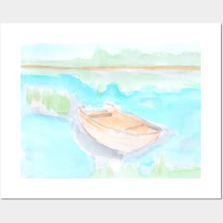 boat, river, lake, nature, landscape, summer, vacation, recreation, walk, watercolor, watercolour, hand drawn, drawing, illustration, Posters and Art